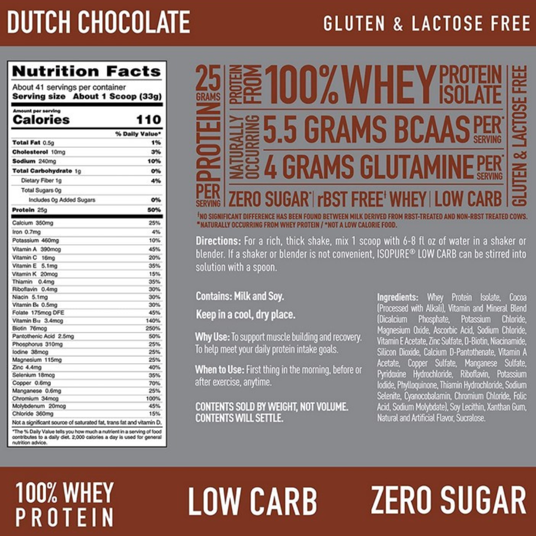 Isopure Low Carb Protein Powder Dutch Chocolate 3lbs, Gluten & Lactose Free
