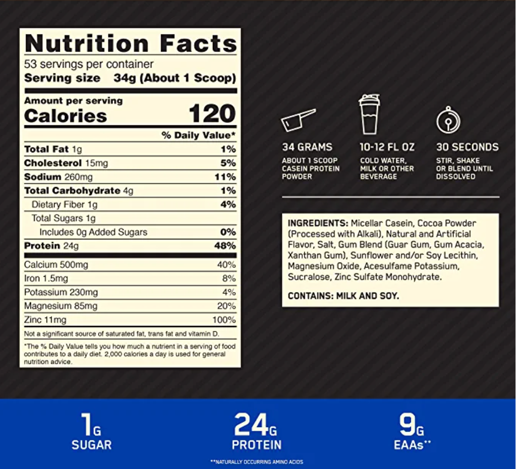 Optimum Nutrition Gold Standard 100% Micellar Casein Protein Powder 4lbs